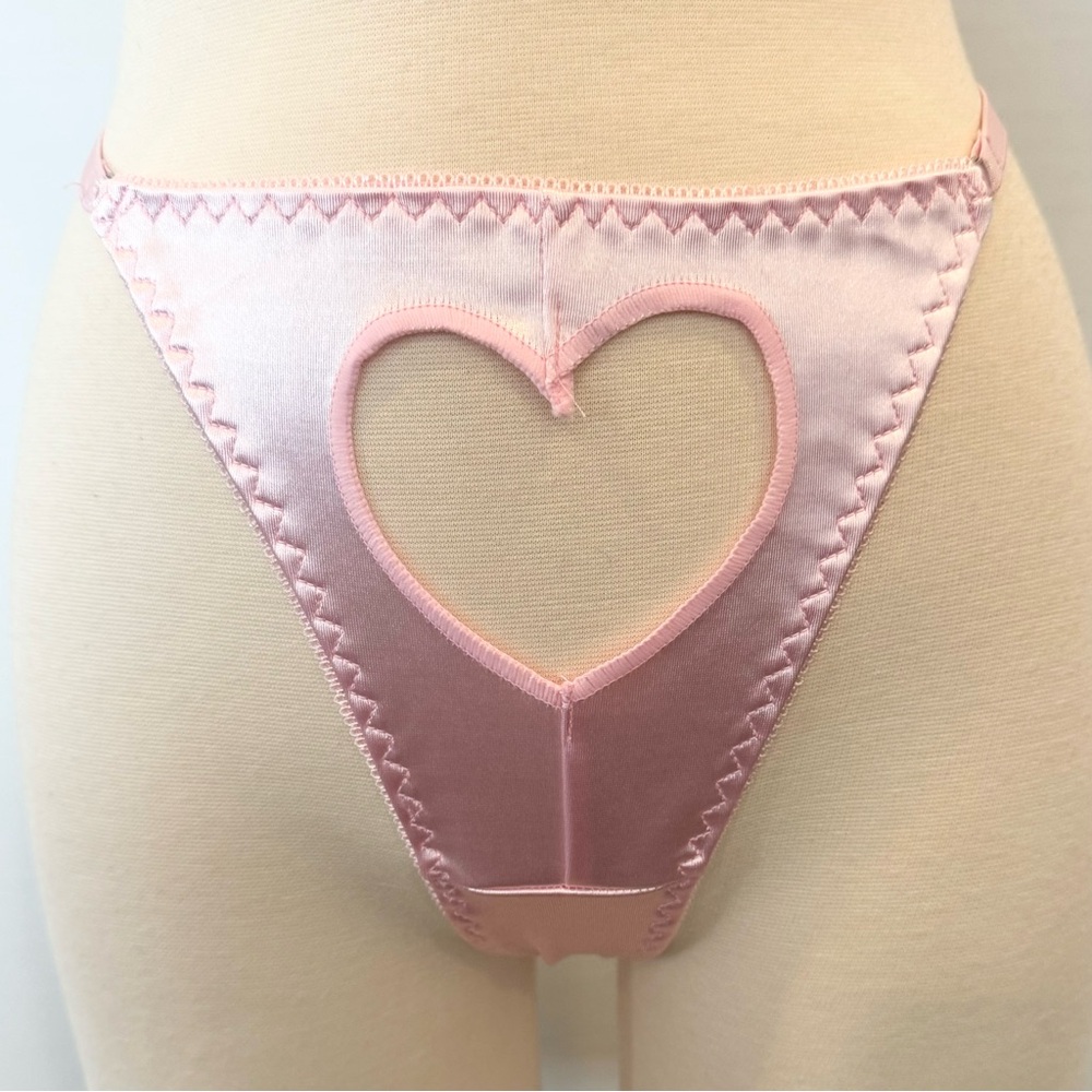 Silky Shiny Satin Pastel Pink Heart Cutout Second Skin Thong Panties New 🔥